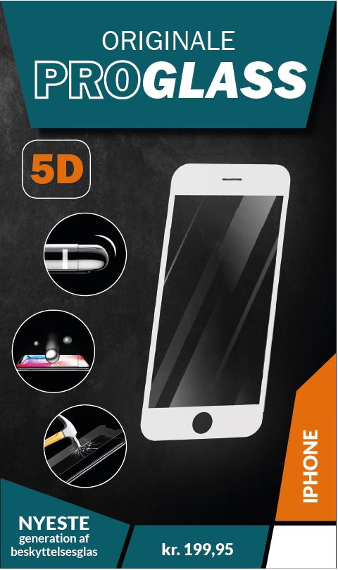 ProGlass 5D beskyttelseglas til iPhone i farven hvid, som går helt ud til kanten af mobilens skærm