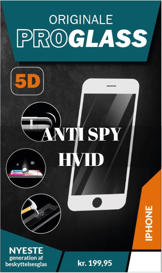 ProGlass 5D Anti Spy Hvid beskyttelseglas til iPhone i farven hvid, som går helt ud kanten af mobilen